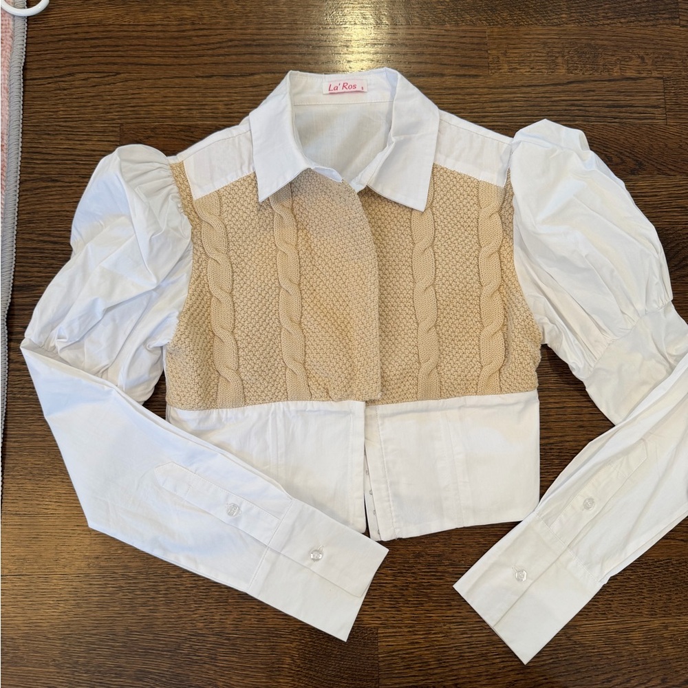 Women's White and Tan Top